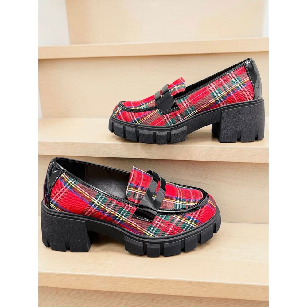 Torrid Betsey Johnson 10WW Punk Rockabilly Red Plaid Creeper Chunky Heel Shoes - Picture 2 of 4